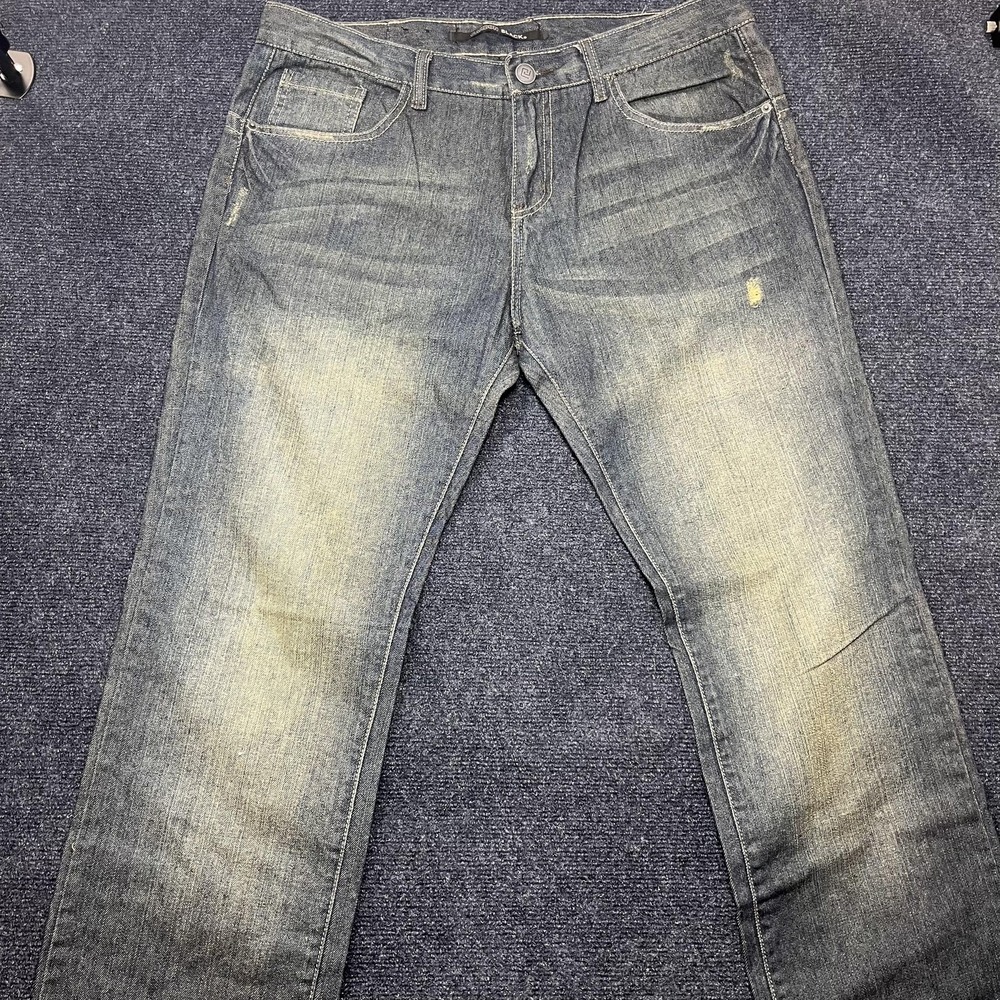 Y2K Carbon Black Jeans Mens 36x32 Blue Light Wash Denim Straight Distressed